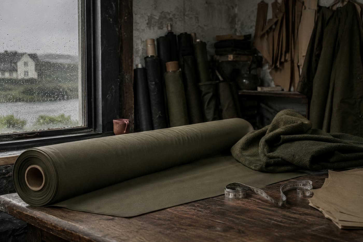 A bolt of olive technical fabric on a wooden cutting table beside a steel tape measure, with rain on the window behind