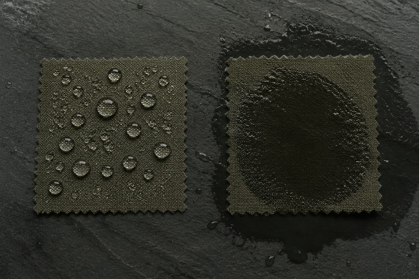 Two fabric swatches with water poured on both: on one the water beads on the surface, on the other it has soaked through