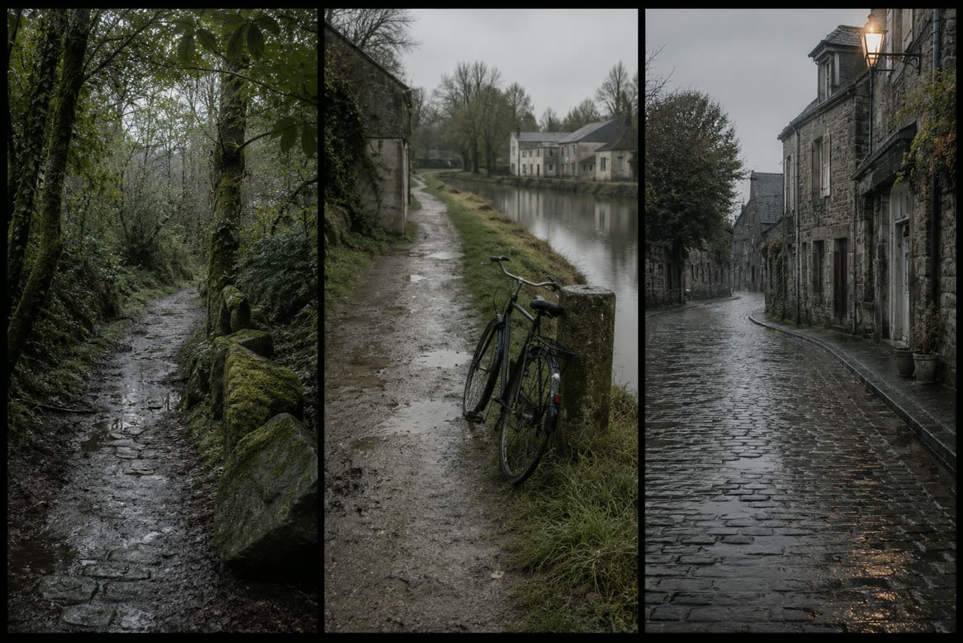 Three panels in one frame: a woodland footpath, a canal towpath with a bicycle, and a wet cobbled street