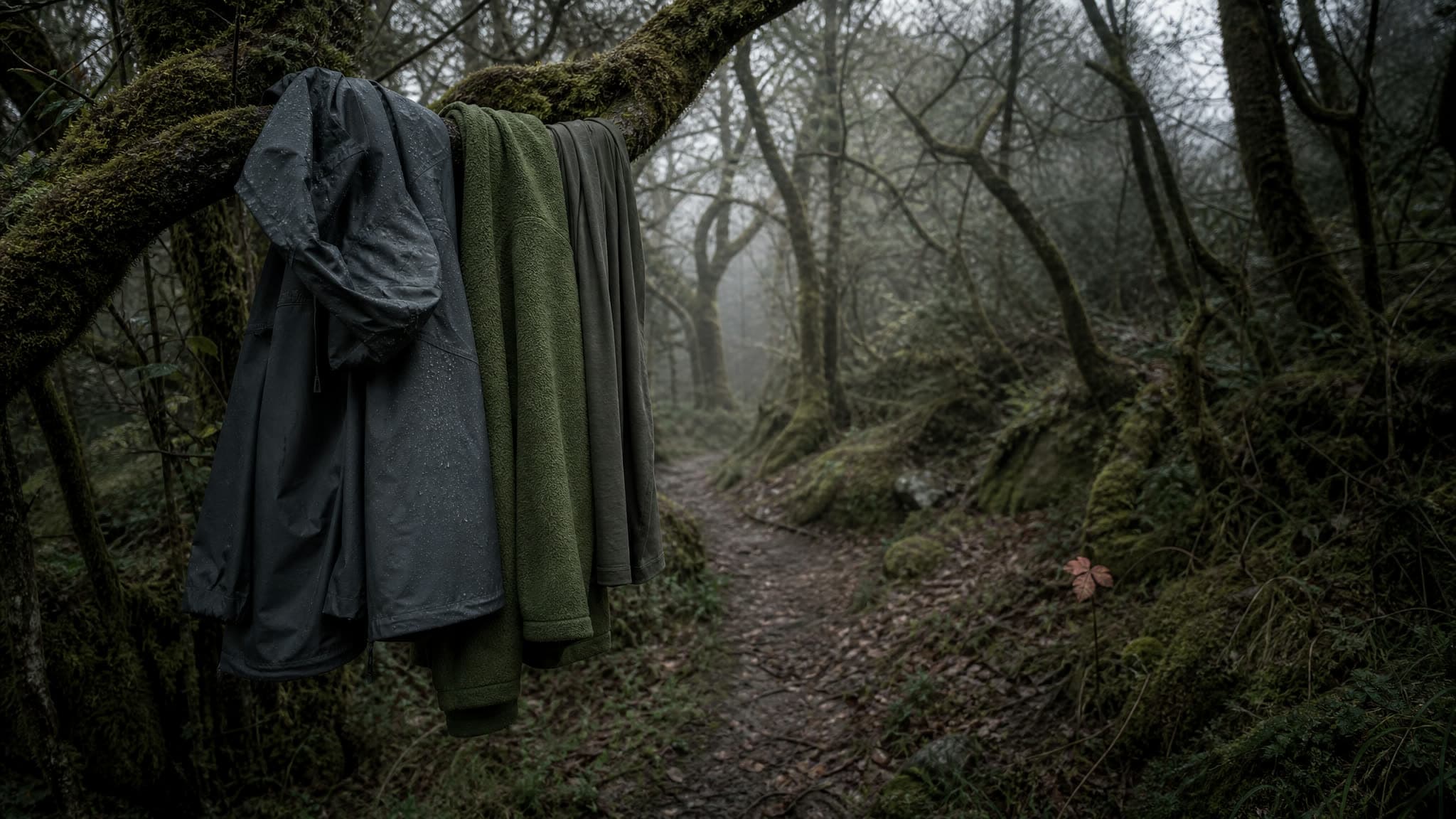 A shell, a fleece and a base layer hanging on a wet branch on a forest path in fine rain
